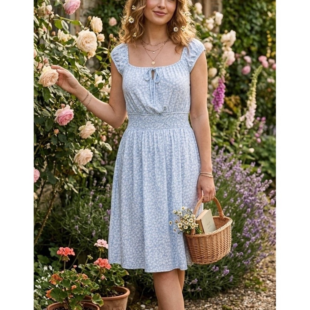 No Boundaries Light Blue Floral Square-Neck Mini Dress